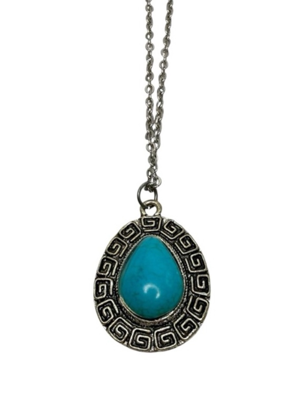 Silver Tone Turquoise Teardrop Pendant Necklace Boho Southwestern